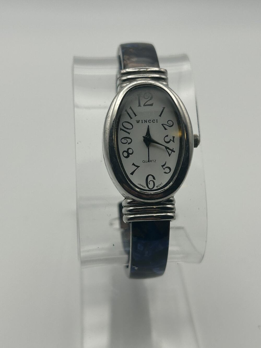 Wincci Oval Cuff Watch Women Silver Tone Bangle Marbled Blue Black White Dial